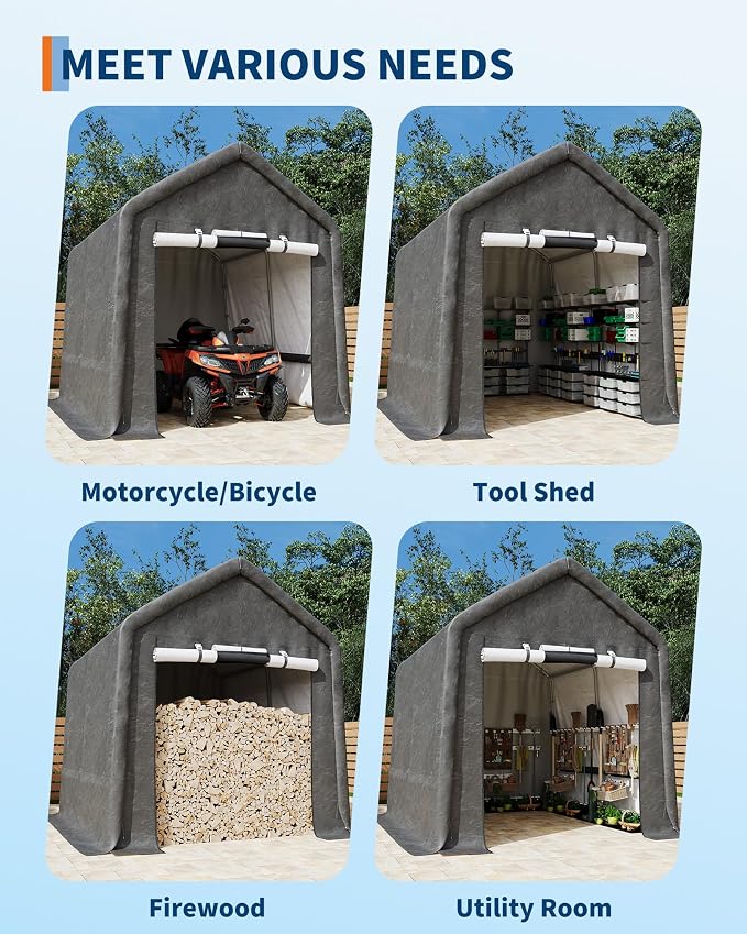 GarveeLife Portable Outdoor Storage Shed with Roll-Up Zipper Door & Vent, 240G Heavy-Duty Shelter Waterproof PE Tarp, UV-Resistant Carport for Motorcycle, Firewood, Tools (Gray, 10'x10')