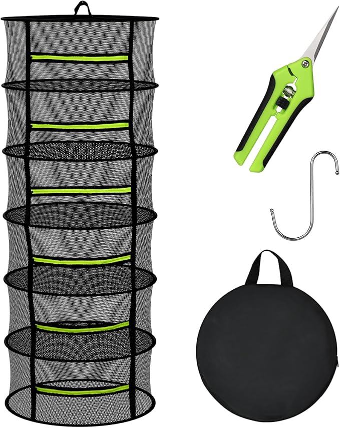 MEKOLIFE Herb Drying Rack with Mesh Design, Hanging Drying Rack with Green Zipper & Garden Pruning Shears – Versatile Plant Drying Solution (6 Layers)