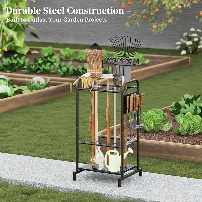 Garden Tools Organizer Rack, Yard Tool Rack, Heavy Duty Steel Yard Tool Organizer and Storage Holder Broom Holder for Shed, Patio, Outdoor (Rack with Hooks)