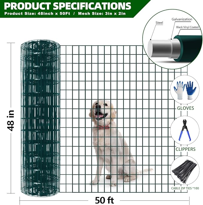 GILPWA Welded Wire Fence, 50ft(L) x 48inch(H) Garden Fence for Dog, 2 Inch x 3 Inch 16GA Fencing for Chicken, PVC Coated Anti-Rust Roll Metal Wire Mesh Fence for Yard Vegetable, Green