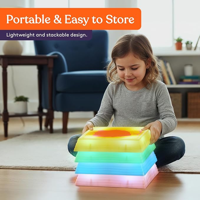 Special Supplies Liquid Gel LED Stepping Stones for Kids - Light-Up Square Balance Blocks - Promote Coordination, Balance, Strength for Toddlers & Children - Durable Non-Slip Rubber, Safe Indoor & Outdoor Play- 4 Pack