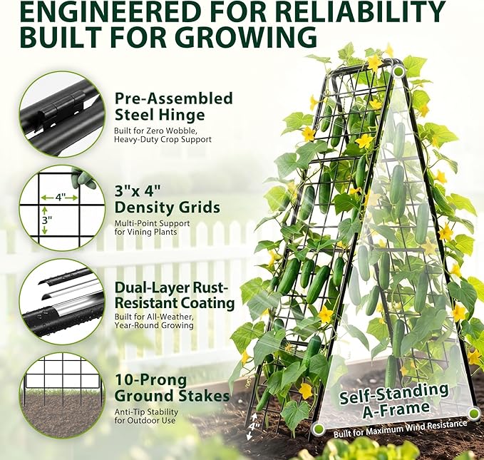 Heavy Duty 2 Pack 50"x17" Adjustable A-Frame Trellis for Climbing Plants Outdoor, Metal Rust-Proof Garden Trellis, Dense Grid Climbing Frame Trellis for Raised Beds, Cucumber, Tomatoes Outdoor