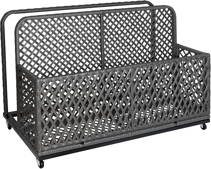 Garvee Pool Float Storage Organizer with Wheels, Outdoor Wicker Pool Storage Bin for Floats & Toys, Rolling Poolside Storage Rack for Patio Backyard Deck Box