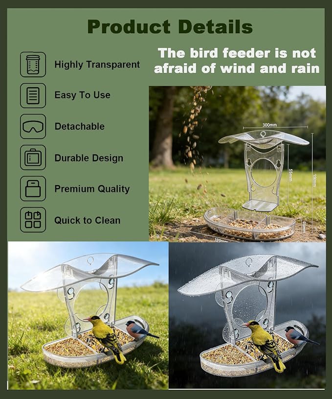 2PCS Clear Window Bird Feeder with Strong Suction Cups, Large Transparent Outdoor Type, Removable Seed Tray with Drainage Holes, Weatherproof & Sleek Streamlined Design, Ideal Gift for Bird Lovers (2)