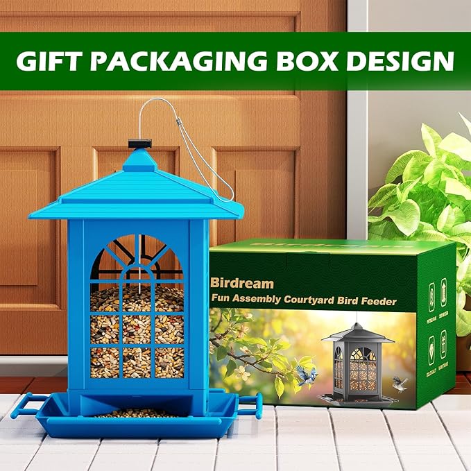 Birdream 2 Pack Bird Feeders for Outdoor Hanging, Assembly Required, 1-Min Easy Setup, Classic Courtyard Design, Attracting Cardinals Chickadees Goldfinches & Sparrows - Blue