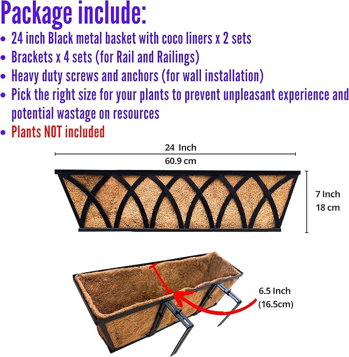 LaLaGreen Railing Planter Boxes (24 Inch, 2 Pack) Black Metal Rectangular Window Flower Box with Coco Liner, Hanging Planters for Outdoor Plants Bracket Holder Deck Rail Fence Balcony Porch Garden