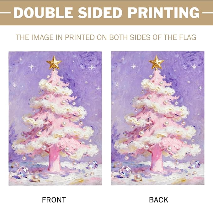 Christmas House Flag 28x40 Inch Purple Pink Xmas Tree Pearl Winter Holiday Decorative Garden Flags for Outside Double Sided Seasonal Outdoor Home Farmhouse Decoration Porch Yard New Year Decor