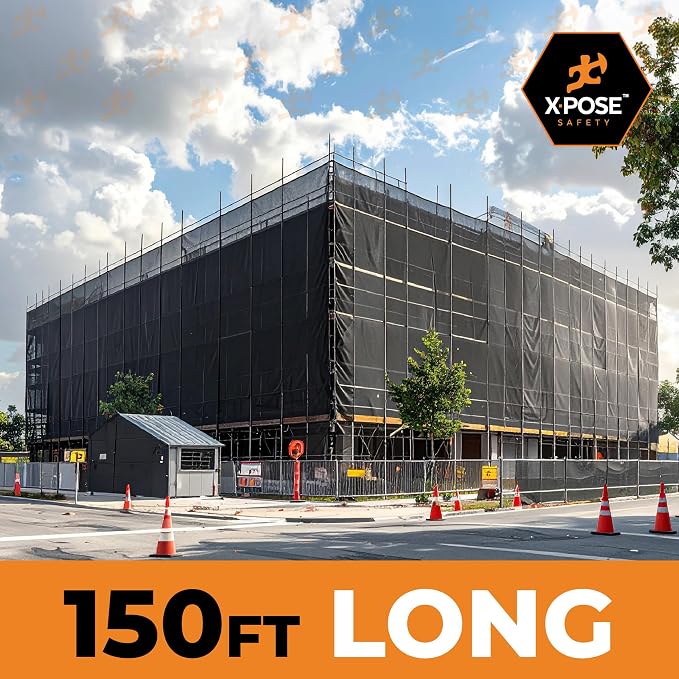 Xpose Safety Debris Netting for Construction – 8.5’ x 150’, 1/6" Mesh Scaffold Safety Net, Temporary Material Roll, Visibility Fence, Heavy-Duty Fire Retardant, Black (12-Pack)