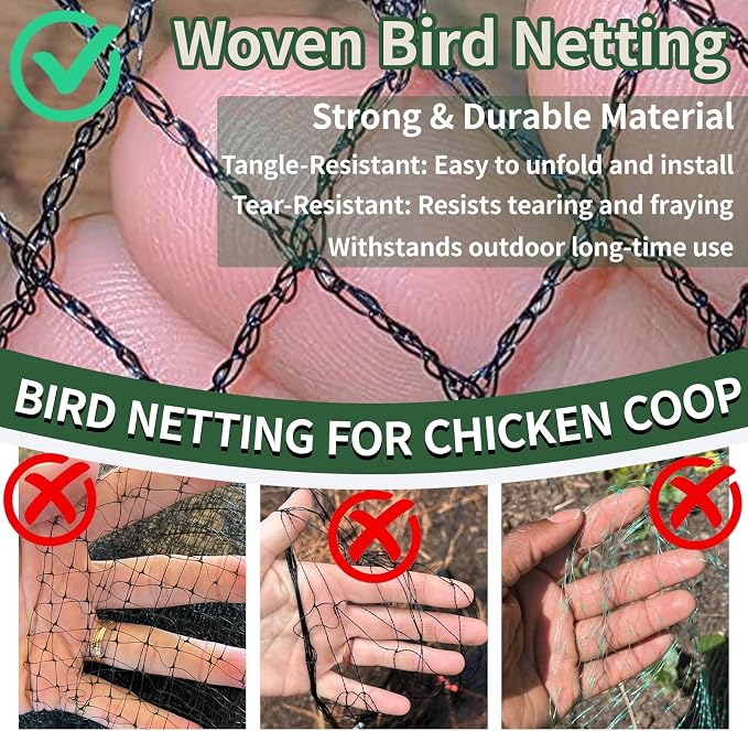 10x10ft Bird Netting for Chicken Coop 1/2 inch Mesh Heavy Duty Chicken Netting Animal Barrier, Poultry Netting Roof Cover for Chicken Run, Bird Net for Fruit Tree Against Birds Squirrels Rabbits