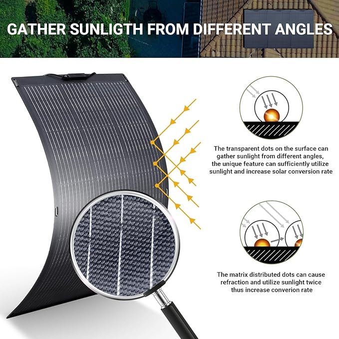 ALLPOWERS SF100 100W Flexible Solar Panel, Ultra-Thin 3mm Bendable Monocrystalline Solar Charger, 25% Efficiency IP68 Waterproof for RV Roof, Camping, Marine Use