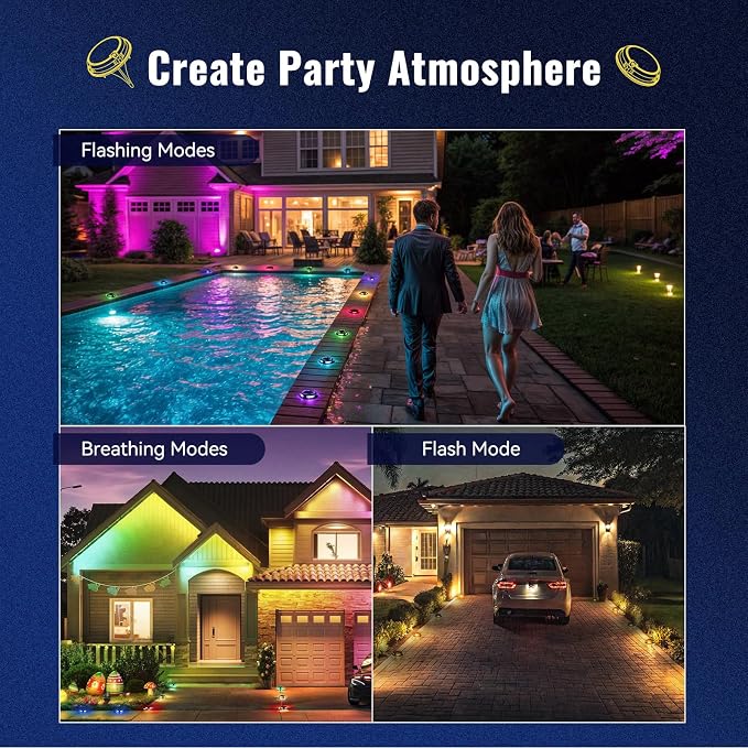 Solar Driveway Lights Outdoor 16 Pack, RGB Colors Solar Deck Dock Lights Outdoor Waterproof IP68, 3 Dynamic Light Modes Driveway Marker for Warning Stair, Boat Dock, Step, Walkway, Patio Decor