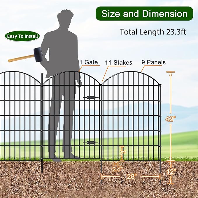 FOREHOGAR Metal Garden Fence with Gate 42in (H) x 23.3ft (L), 1 Gate+ 9 Panels Dog Fence Border Fence Animal Barrier, No Dig Garden Fencing for Yard Flower Bed Lawn Patio Outdoor, ECG4210, Black