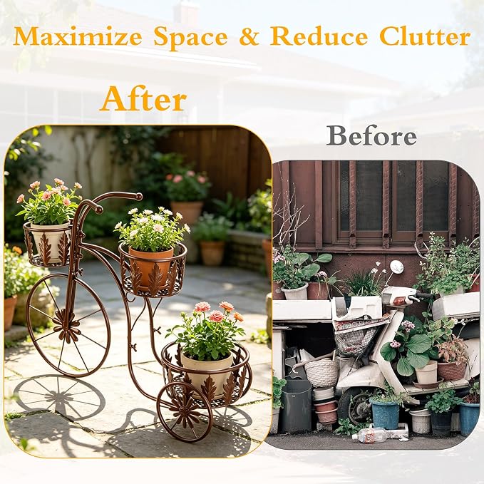Metal Bicycle Planter Stand, 3 Tier Flower Pot Stand Cart with 3 Plant Buckets, Outdoor Garden Decorative Planter for Yard Patio Lawn Flower Shop Home Decor (Bronze)