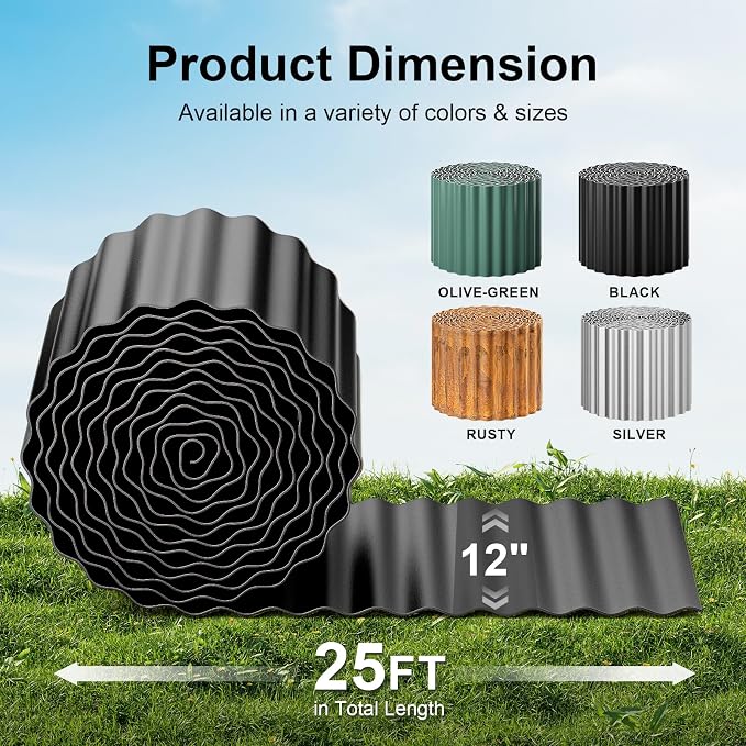 Land Guard Corrugated Garden Edging Border, 12" × 25' Landscape Paver Edging, Tall Landscape Edging, Fence for Garden, Flower Bed, Lawn and Landscape Edging (Black)