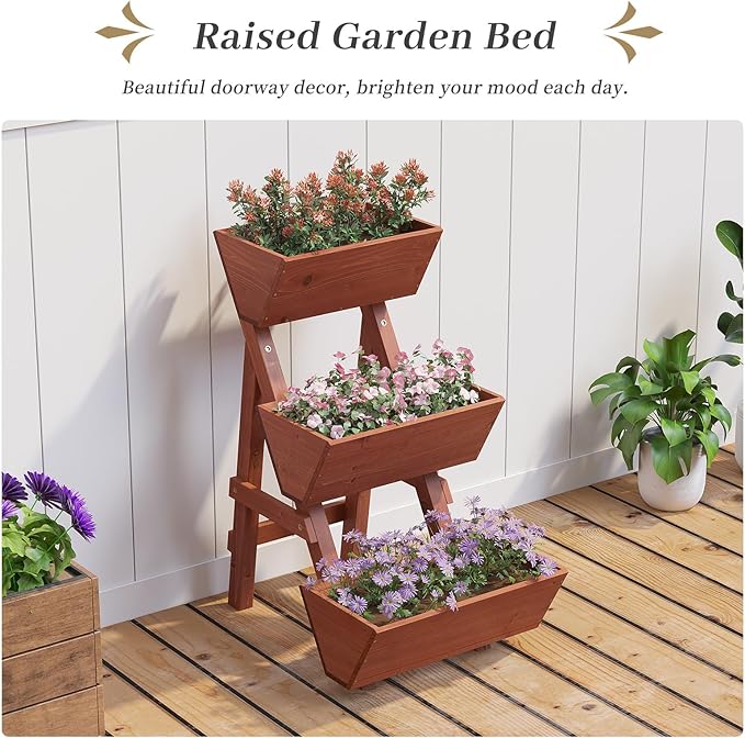 Kitsanery 3-Tiers Wooden Raised Garden Bed,Wood Planter Box for Vegetable,Flower Rack,Flower Pot Stands,Indoor Outdoor Gardening Planting Beds (Brick red, Small)