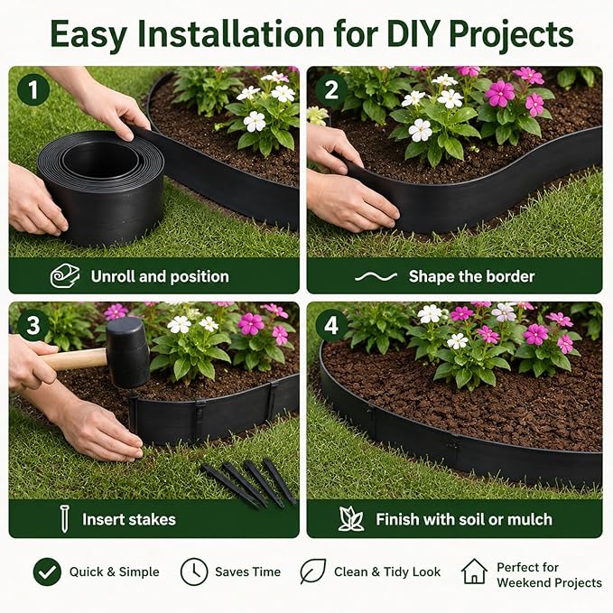 Flexible Landscape Edging Coil, 5IN x 40FT, 24 Spikes | PE Material, Garden, Yard, Pathway, Flower Beds, No Digging, Curved Edges & Mulch Retention, Weather Resistant Garden Border