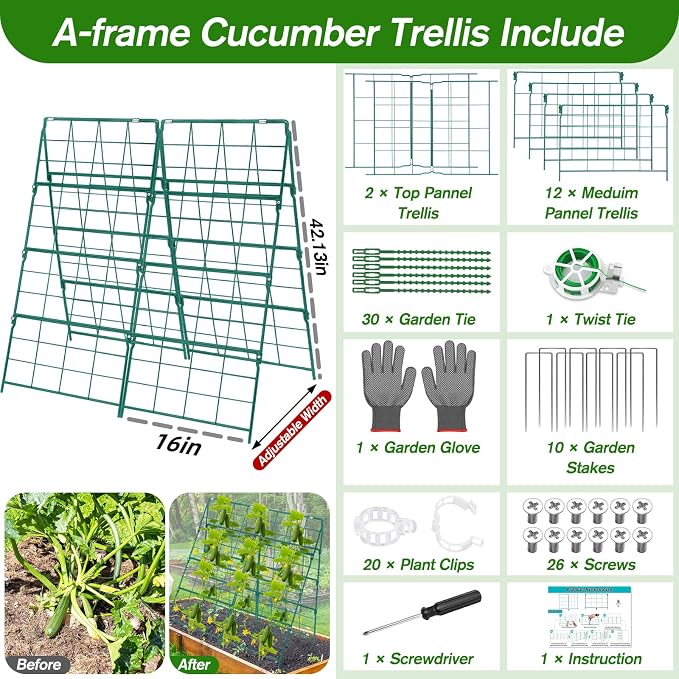 Cucumber Trellis for Raised Bed A Frame Metal Garden Trellis for Climbing Plants Outdoor, 42 x 32IN Foldable Coated Steel Cucumbers Trellis for Vegetable Fruit Flower