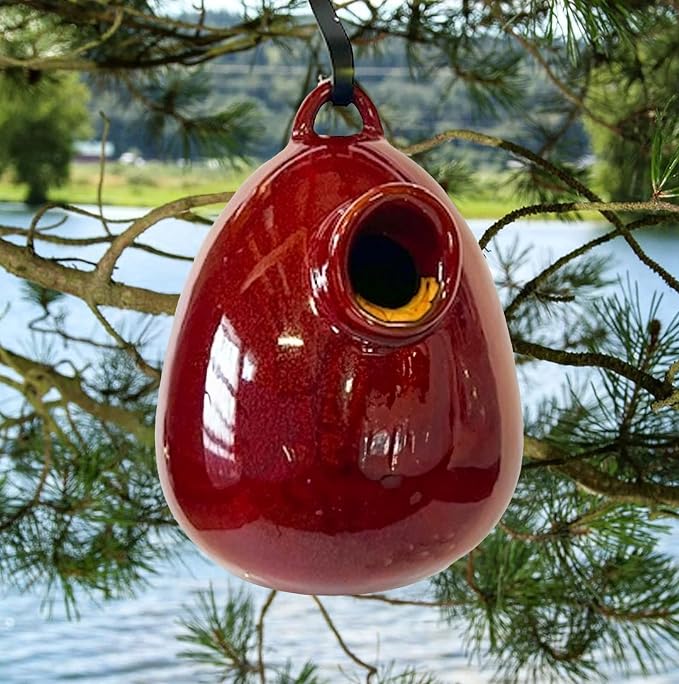BYER OF MAINE Alcyon Egg/Bottle Bird Home, Porcelain, Glaze Finish, Oxide Red, 7”x7”x9”