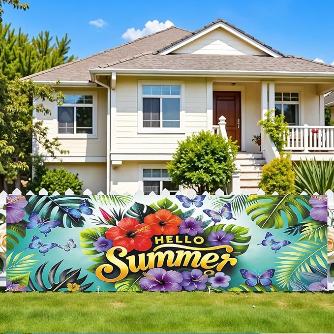 10x3 ft Extra Large Summer Flower Banner Outdoor 115''x35'' Hello Summer Banner for Fence Outside Garden Large Flower Banners Yard