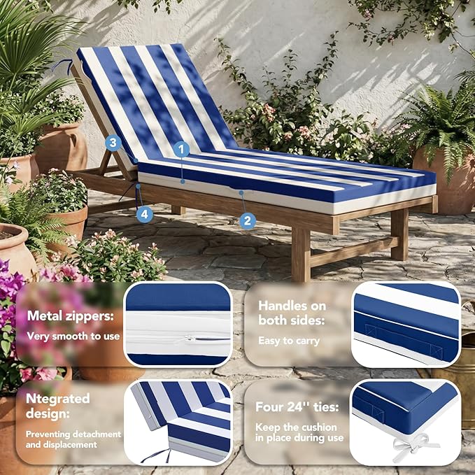 L'AGRATY Outdoor Lounge Chaise Cushion: 72x21x3 Inch Waterproof Lounge Chair Cushion for Outdoor Furniture with Fade Resistant Removable Cover - Patio Cushions for Pool Lawn(Navyblue White 1Pack)