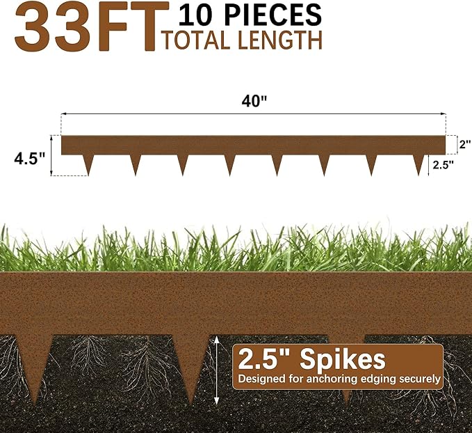 Worth Garden 10-Pack Corten Steel Landscape Lawn Edging - 4.5in H Rust Patina Finish Bendable Metal Strips - Hammer-in Pre-Rusted Border with 11 Clips - Yard Pathway Divider (33Ft Total)