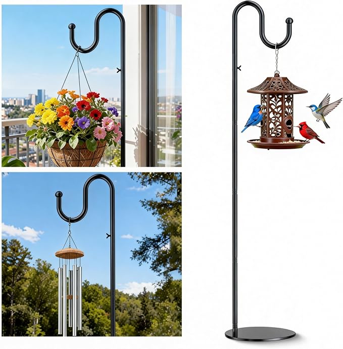 76" Shepherds Hook Stand for Indoor & Outdoor, Heavy Duty Adjustable Plant Hanger with Weighted Base, Bird Feeder Pole for Hanging Plants, Lanterns, Wind Chimes & Wreath
