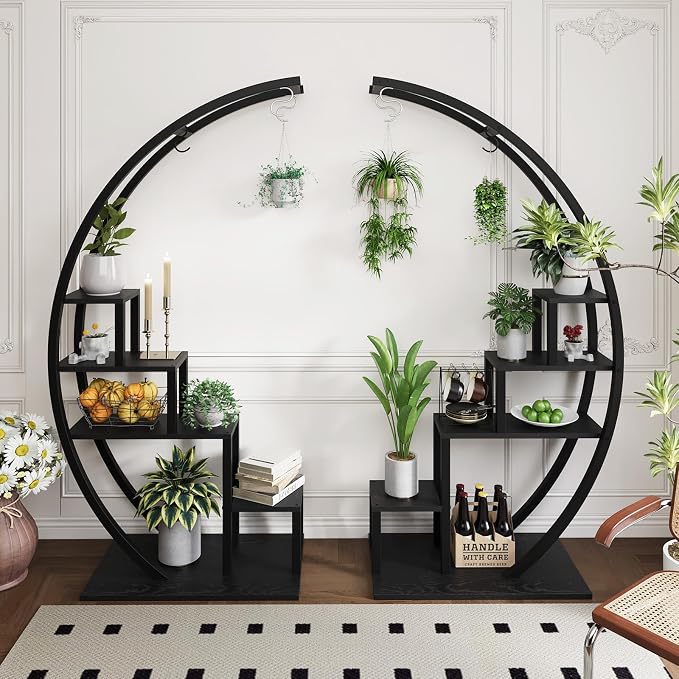 IDEALHOUSE 2 Pack 5 Tier Tall Indoor Plant Stand, Metal Half Moon Tiered Flower Rack, Space-Saving Design with 6 Hangers for Multiple Plants Display, Decorative Shelf for Home & Outdoor,Brown