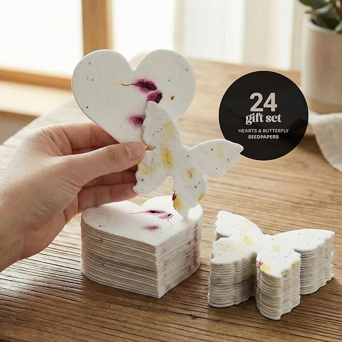 Combo Seed Paper - 24pcs Hearts & 24pcs Butterflies, Writable & Plantable Wildflower Gifts for Mom this Mother’s Day, Use for Shower Favors Weddings, Heart Party Favors or Easter Decorations