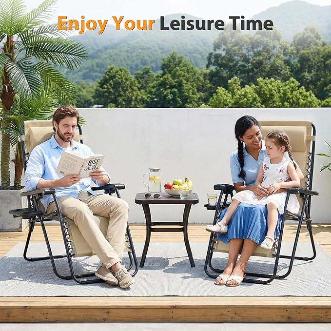 NEWBULIG Zero Gravity Chair Set of 4, Lounge Chair Folding Portable Adjustable Camping Reclining Chairs with Adjustable Pollow, Mesh Back, Cup Holder Trays Lawn Patio Chair for Pool Beach - Tan