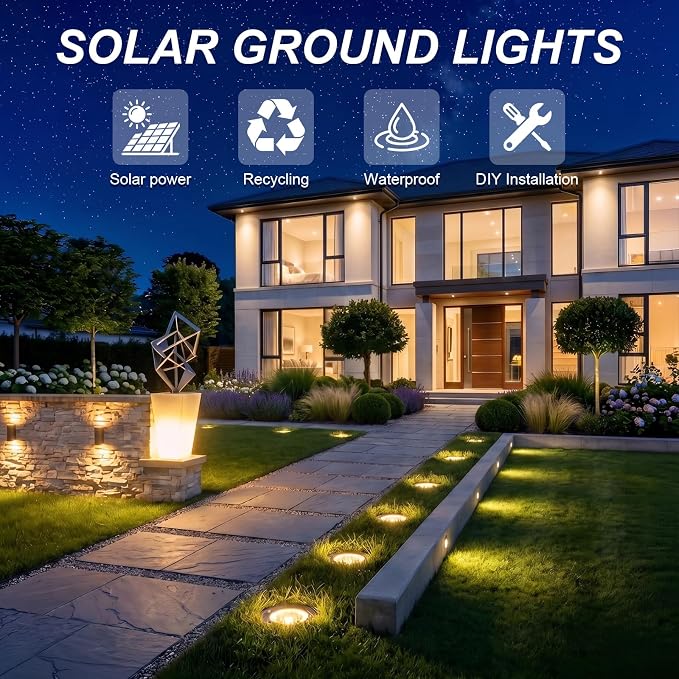 OULONGER 4.6in Solar Ground Lights 10 Packs, Garden Solar Outdoor Waterproof Pathway Bright In-Ground Landscape Lights for Patio, Lawn, Yard, Driveway, Step and Walkway Warm Light