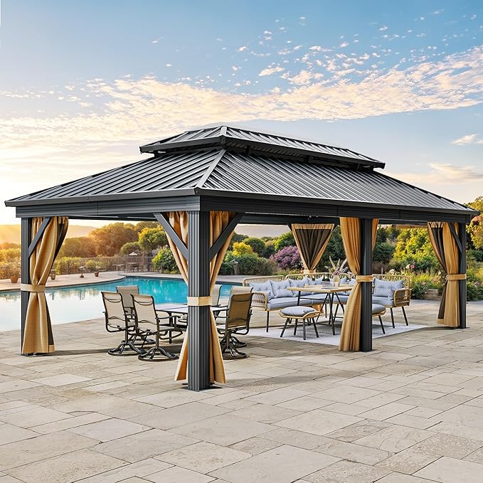 YITAHOME 12x18ft Gazebo Double Roof Hardtop Canopy Outdoor Heavy Duty w/Nettings and Curtains, Upgraded Aluminum Column Galvanized Steel Vertical Stripes Roof for Patio, Backyard, Deck, Lawns, Brown