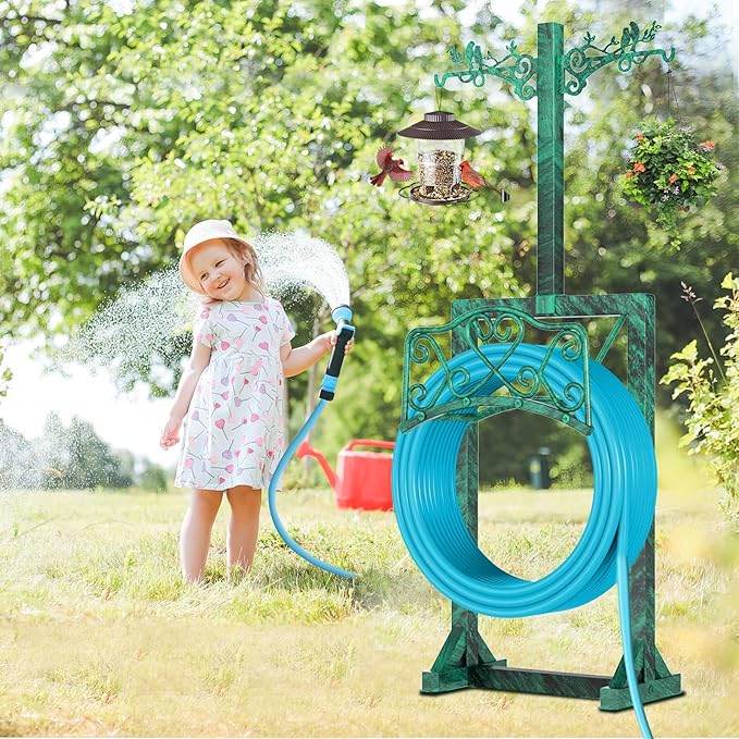 Garden Hose Holder for Outside, Upgraded Water Hose Holders with 2 Shepherds Hooks,Freestanding Heavy Duty Hose Stand Hose Hanger Hose Storage Hose Reel Rack for Yard Lawn Farm(Antique Green)
