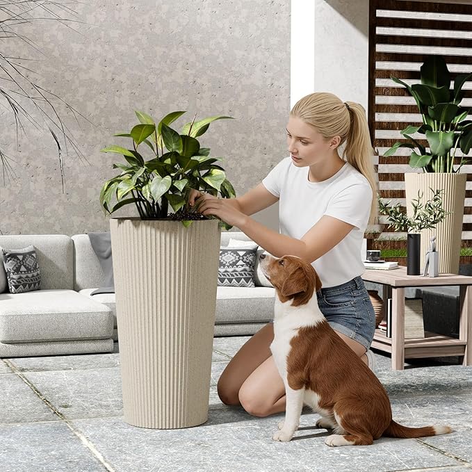 23.6" H Tall Planters for Outdoor Plants, 2 Pack Large Outdoor Planters for Front Porch Decor with Drainage Hole, Plastic Striped Flower Pots Fits Indoor Plants Patio Garden, Black