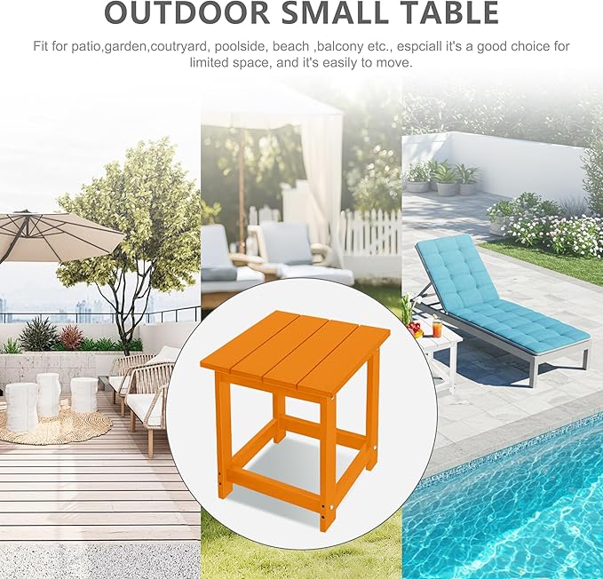 LZRS Square Patio Side Table, Heavy Duty HDPE Outdoor End Table with Wood Texture, Weatherproof Composite Table for Adirondack Chairs, Deck, Pool, Indoor/Outdoor, No Peeling or Cracking(Orange)