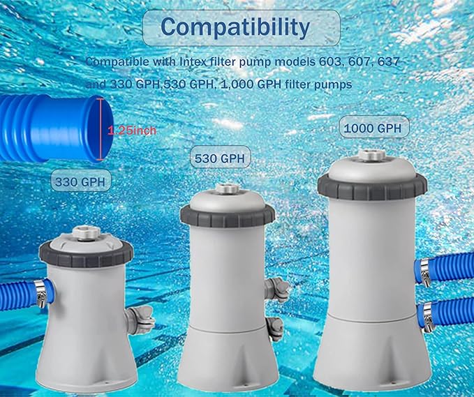 Pool Hoses Pool Pump Replacement Hose, 1.25 x 59 inch Above Ground Pool Hoses Tubes Compatible with Intex Filter Pump 607, 603, 637, 2 Pack Hose 4 Clamps Poolhose-2Pcs