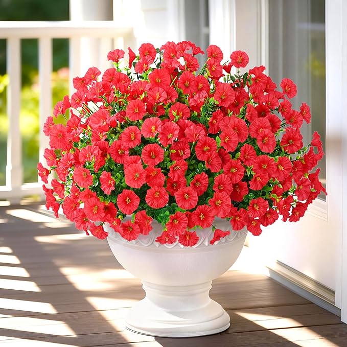 Yastouay Artificial Flowers for Outdoors, 14 Bundles Fake Outdoor Flowers, UV Resistant Artificial Plants & Flowers for Decoration, Red Realistic Morning Glory for Outdoor Porch Garden Decoration