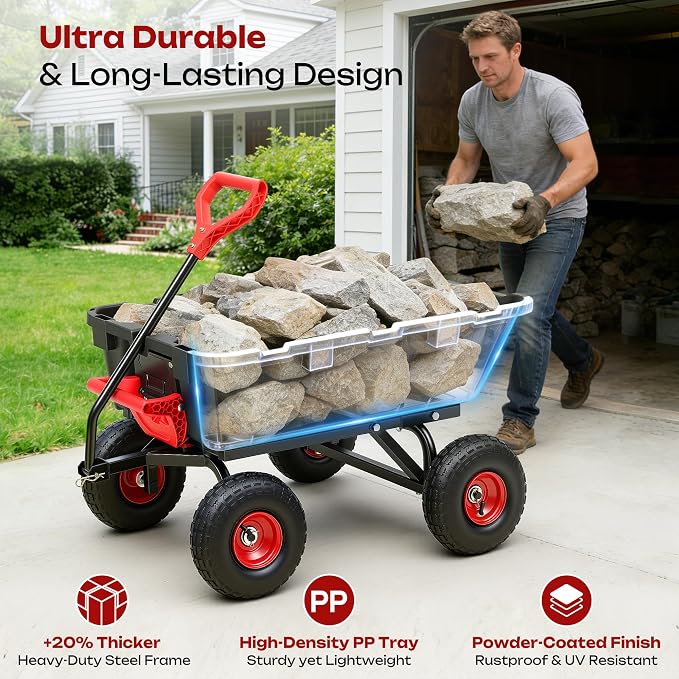 900LB Garden Dump Cart, 2026 Upgraded Heavy Duty Wheelbarrow Cart with 10" Non-Slip Pneumatic Tires & Quick-Release System, 4-Wheel Steel Frame Wagon for Transportation in Yard, Farm, Garden