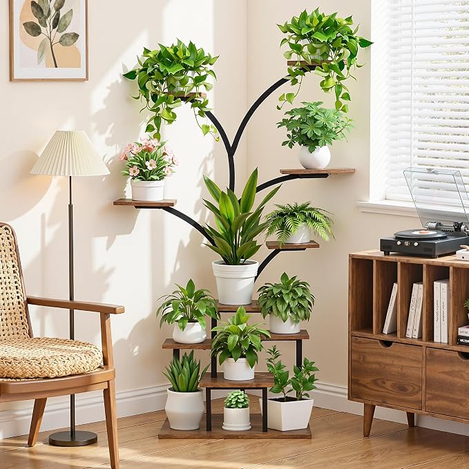 VECELO Plant Stand with LED Light, 10-Tier Indoor Plant Shelf with Supplemental Lighting, Metal Frame & Wood Shelves with Hanging Hooks, Space-Saving Plant Rack for Living Room or Corner Display