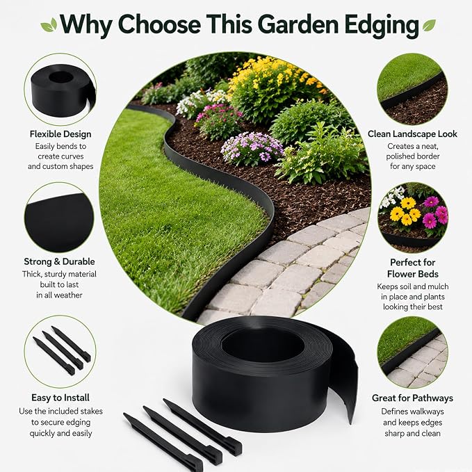 Flexible Landscape Edging Coil, 5IN x 40FT, 24 Spikes | PE Material, Garden, Yard, Pathway, Flower Beds, No Digging, Curved Edges & Mulch Retention, Weather Resistant Garden Border