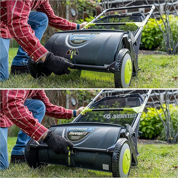 Earthwise 21" Width Leaf & Grass Push Lawn Sweeper and American 14" 4-Blade Push Reel Lawn Mower Bundle