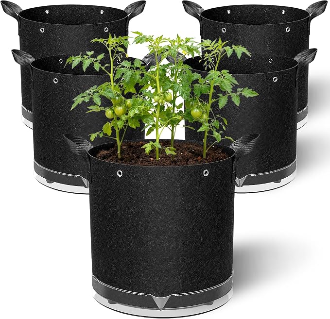 5 Pack 7 Gallon Self-Watering Grow Bags, Thick Nonwoven Fabric Pots with Support Rings and Reinforced Handles, Self-Watering Planter with Bottom Reservoir for Tomatoes Peppers Potatoes and Vegetables