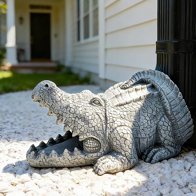 Teaeeno Alligator Decor Statue Gutter Downspout Extension Decorative,Crocodile Gutter Animal Statue Outdoor Decor,3"×4" Rain Gutter Downspout Splash Block,Garden Splash Block Outdoor Sculpture (Stone)