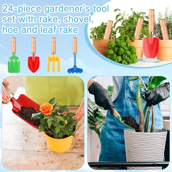 8" Kids Gardening Tools, Metal Beach Sandbox Digging Toys with Wooden Handle, Including Shovel, Rake, Fork and Trowel, Garden Sand Snow Tools for Children Gift Outdoor Gardening(24 Pcs)
