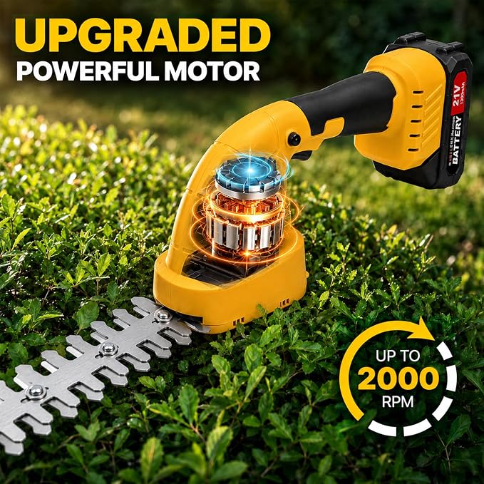 2-in-1 Cordless Hedge Trimmer & Grass Shear, 21V, Yellow | Lightweight Handheld, Small Yard Lawn Edging, Easy One-Hand Pruning for Women & Seniors, 2 Batteries & Charger