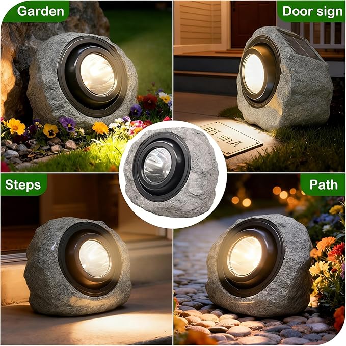 Solar Rock Lights Outdoor,2 Pack IP65 Waterproof LED Solar Ash Gray Garden Stone Spotlights,Warm White & Cool White Switchable,Auto On/Off Landscape Lights for Pathway Walkway Yard Patio