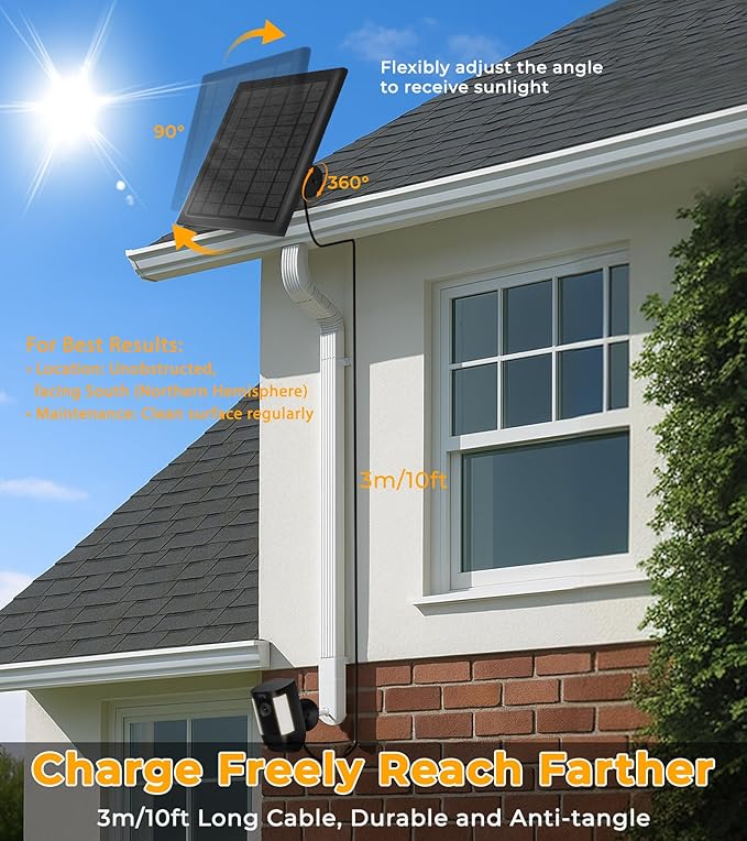 8W Solar Panel for Ring Camera, 2-Pack Solar Panel Charger Compatible with Ring Stick Up Cam Battery, Spotlight Cam Battery, Includes Barrel Plug to USB-C Adapter, IP65 Waterproof, 10ft Cable