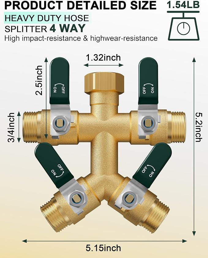 EBH Garden Hose Splitter 4 Way, Heavy Duty Solid Brass Hose Splitter with Shutoff Valves, Water Spigot Splitter With 304 Stainless Steel Handle, Full Flow Outdoor Faucet Splitter, 3/4" GHT Thread
