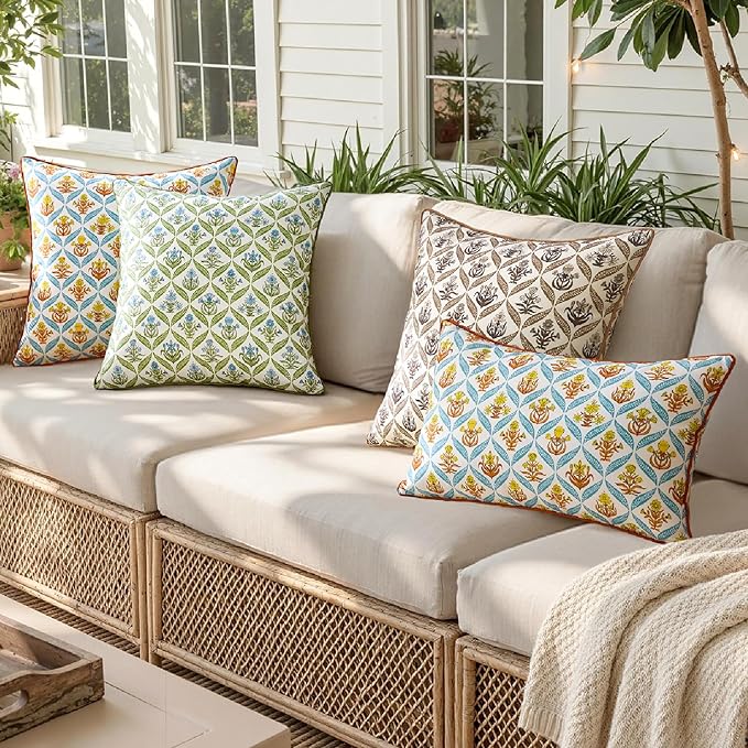 ANRODUO Floral Outdoor Pillow Covers 16x16 Waterproof Set of 2 Block Print Accent Decorative Cushion Cases with Refined Edge Piping for Spring Patio Porch Garden Couch Sofa Bench Decor Orange