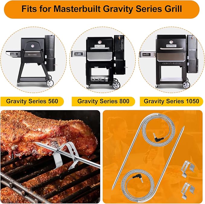 2-Pack Meat Temperature Probe Replacement Parts for Masterbuilt Gravity Series 560/800/1050 Grill + Smoker, with 2 Grill Clips and 2 Probe Grommets, Replace Accessories Number: 9004190170