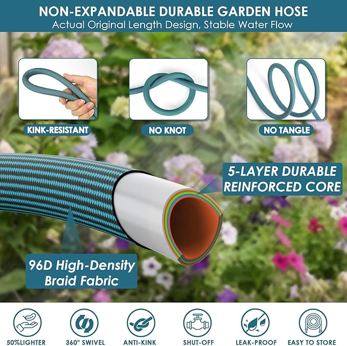 FlexiSolve Garden Hose 75 ft, Non-Expandable Lightweight Water Hose, 360° Swivel Anti-Kink Fittings, 10-Pattern Spray Nozzle & Shut-Off Valve, Flexible Water Hose for Yard, Lawn, Car Wash, Blue